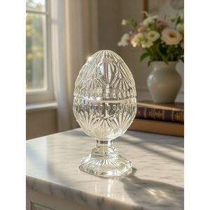 Vintage Pressed Glass Egg Candy Dish w Lid Pedestal Clear Easter 4 Inch